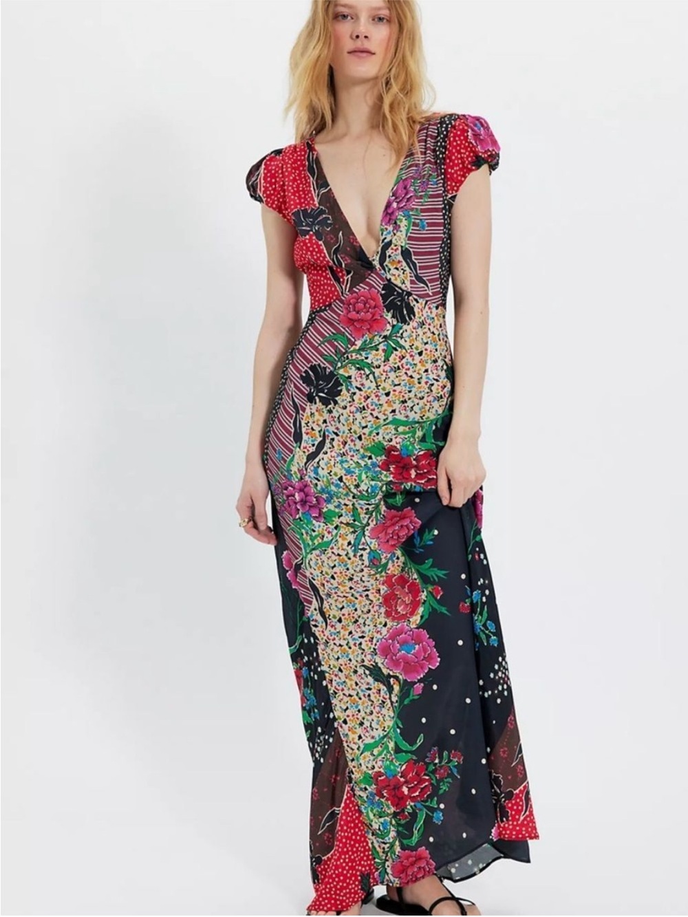 Free People Echo Chamber Boho Floral Multicolor Patchwork Maxi Dress